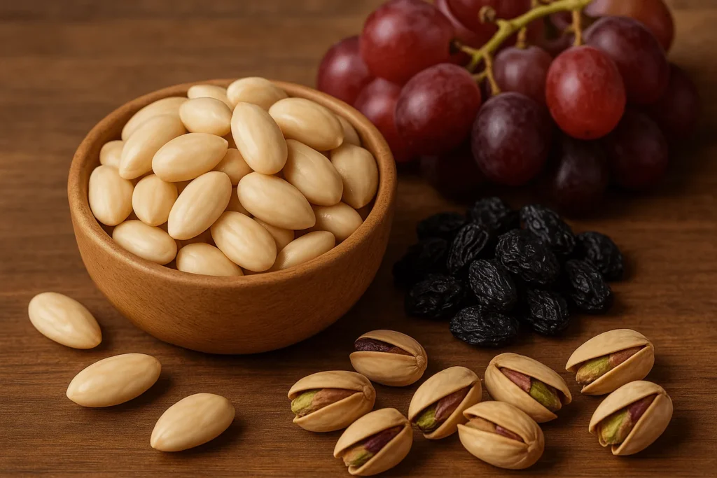 بادم درختی پوست کنده در کنار مویز و پسته