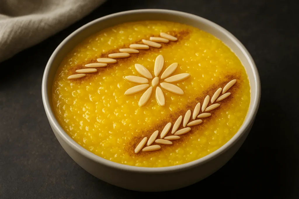 شله زرد تزئین شده با بادام درختی