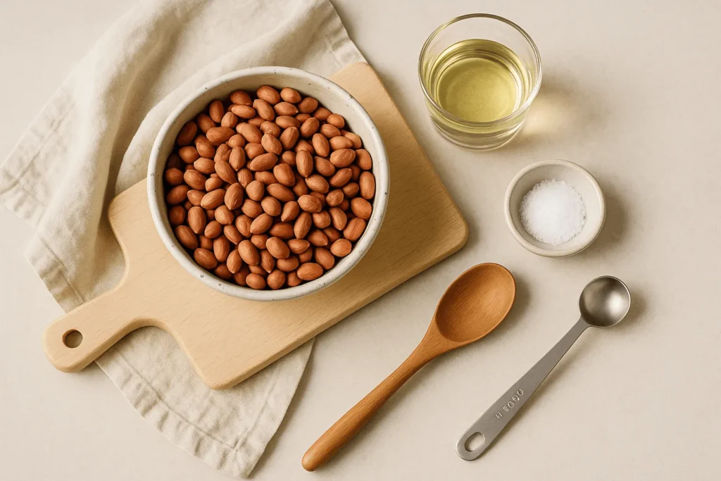 بادام زمینی، روغن و نمک برای طرز تهیه کره بادام زمینی