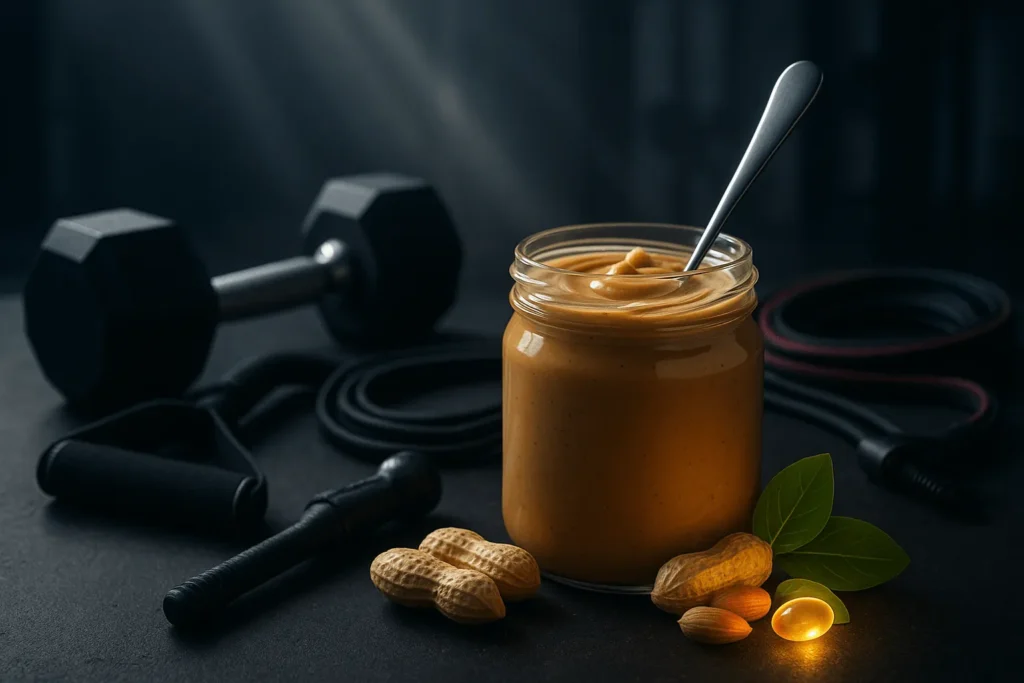 کره بادام زمینی در کنار دمبل و وسایل بدنسازی