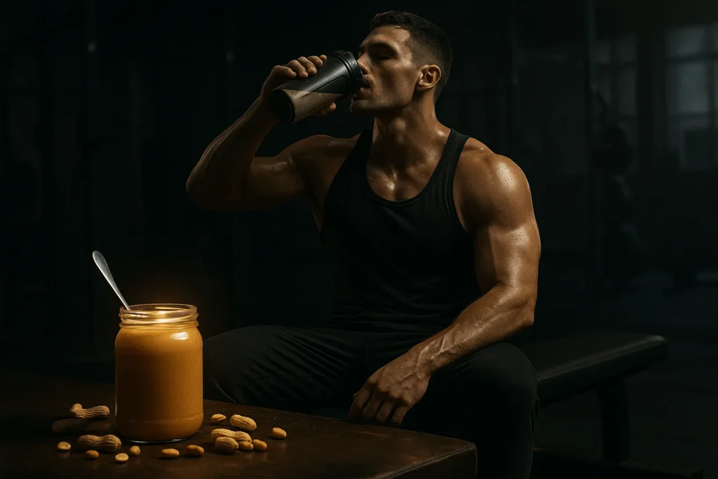 فرد ورزشکار در حال خوردن کره بادام زمینی