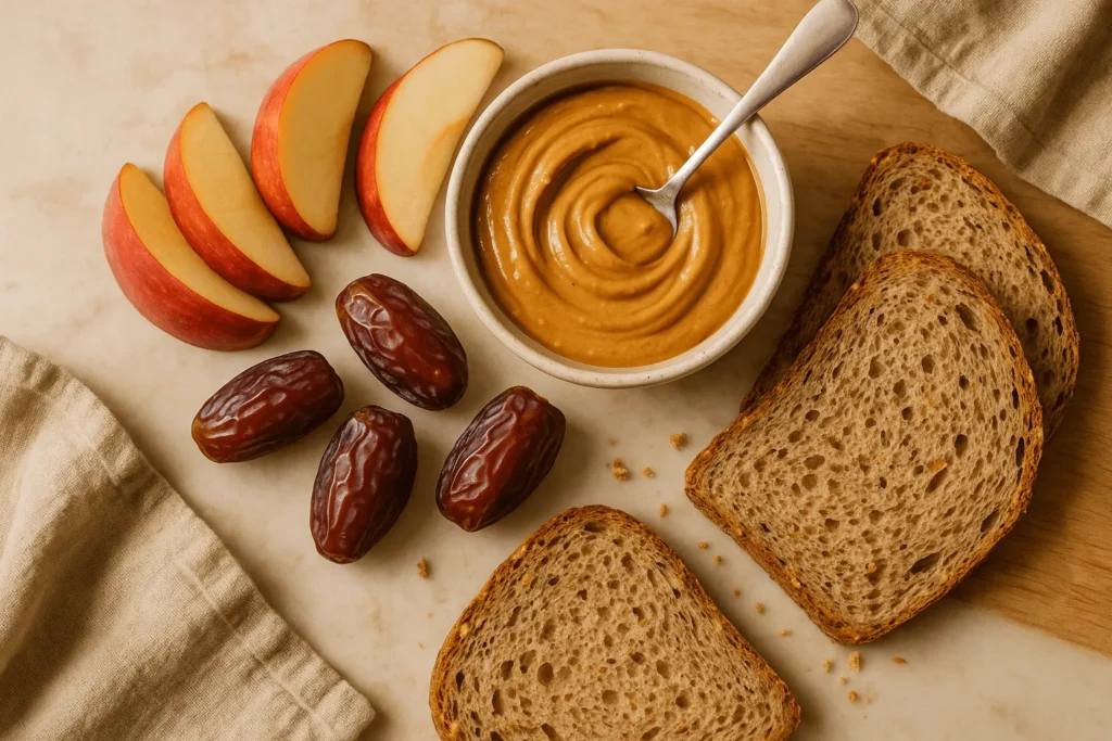 کره بادام زمینی با سیب، خرما و نان سبوسدار