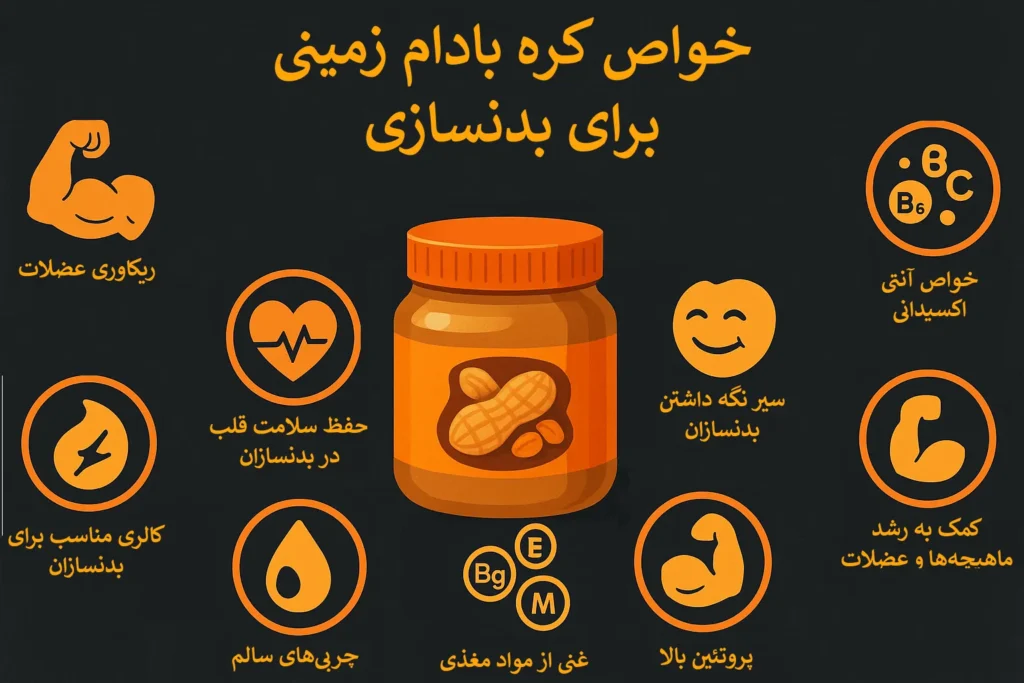 اینفوگرافیک خواص کره بادام زمینی برای بدنسازی