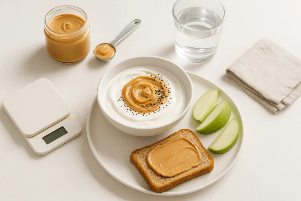 کره بادام زمینی در کنار ماست و سیب