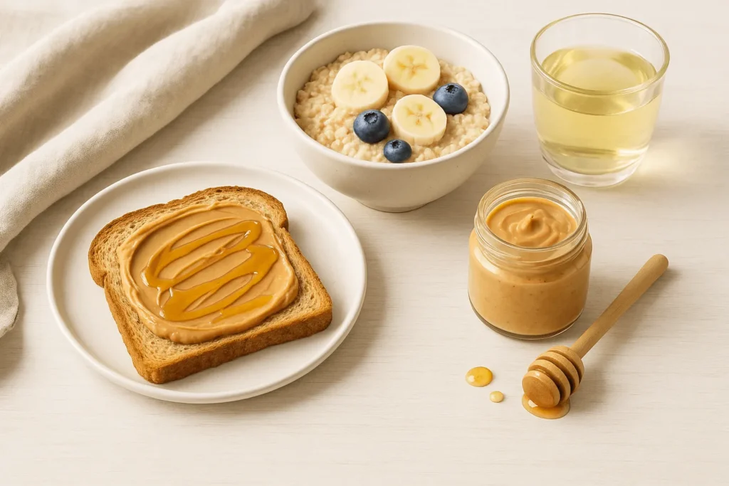 کره بادام زمینی در کنار اوتمیل