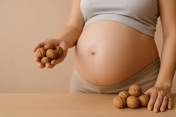 یک خانم باردار که در دستش گردو است.