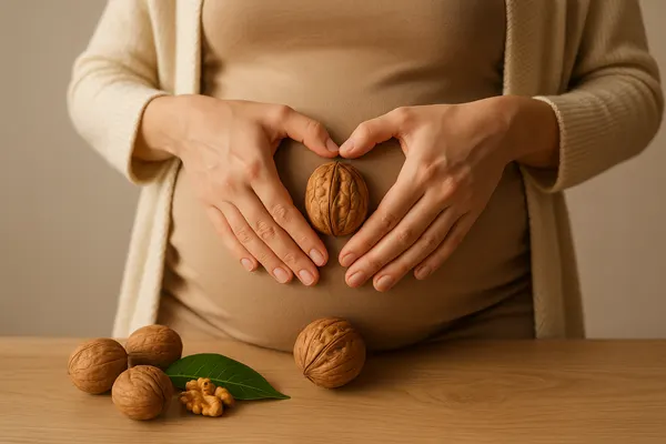 یک زن بارداری با گردو برروی شکم.