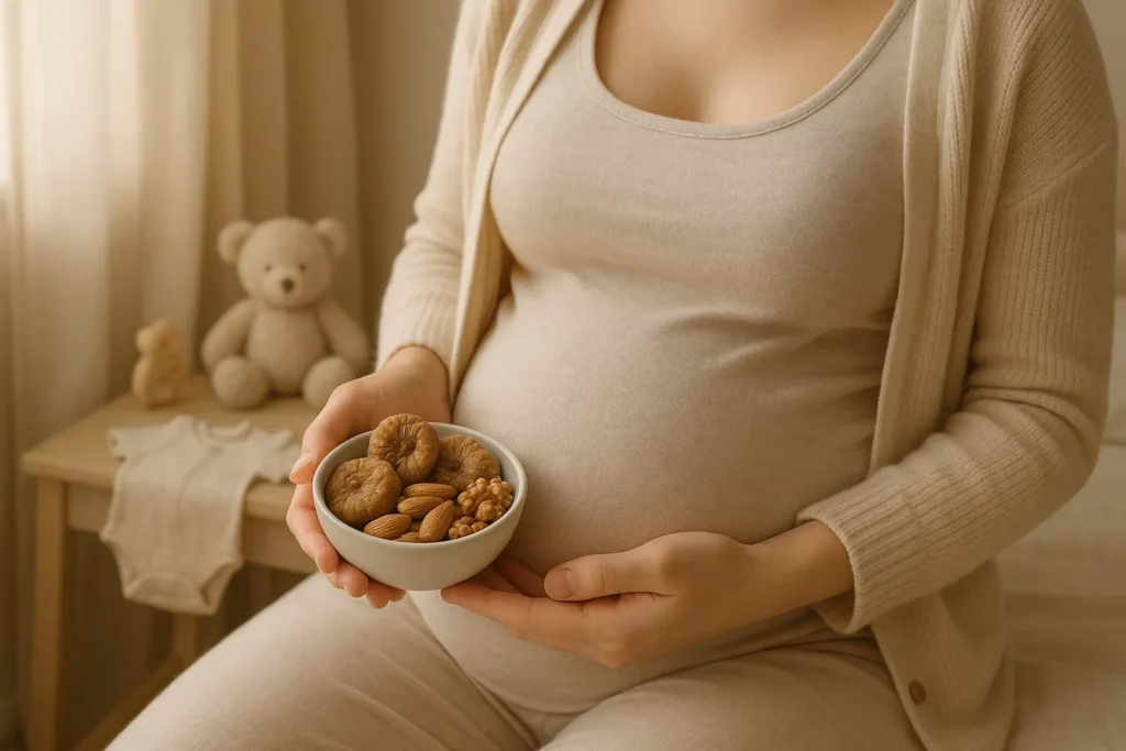 یک مادر باردار با یک کاسه انجیر خشک در دست