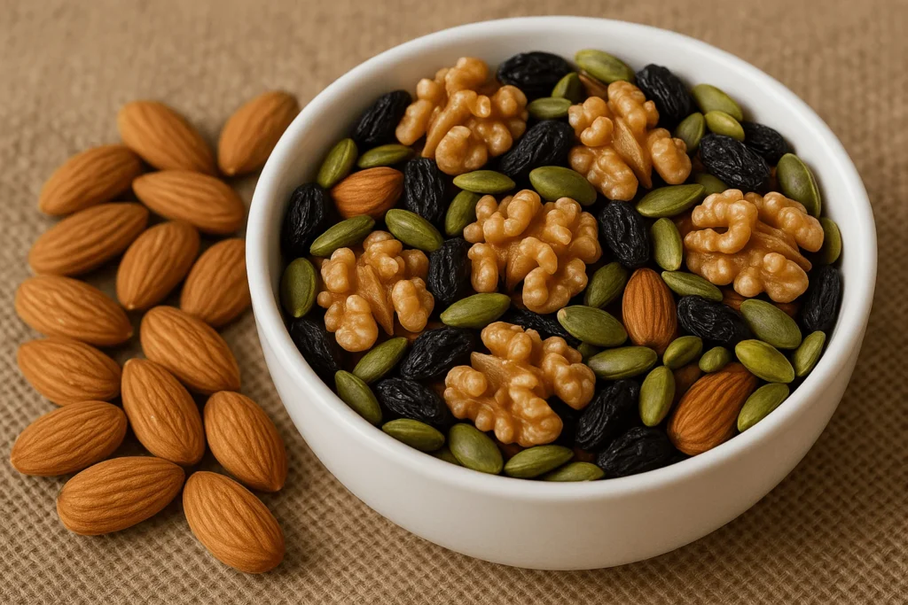 بادام درختی همراه با مویز، گردو و تخمه کدو