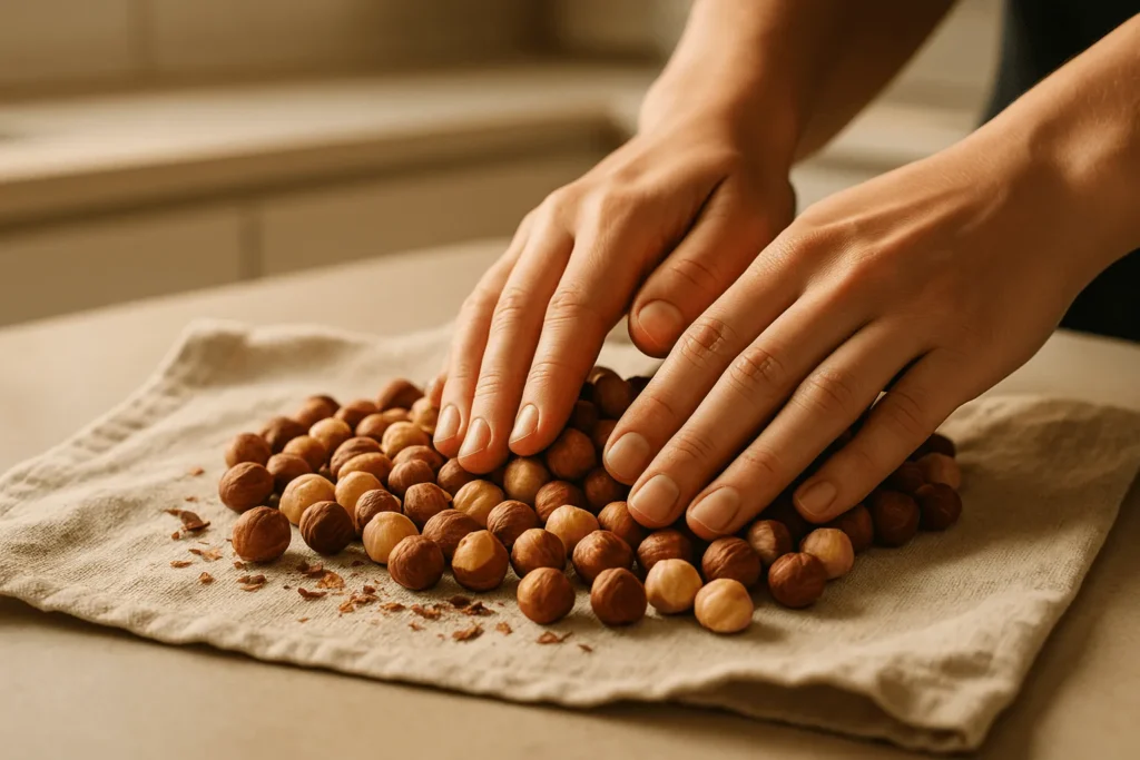 مرحله دوم: خنک کردن و پوست کندن فندق‌ها