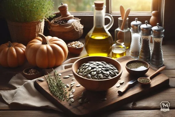 مواد لازم مثل روغن، نمک، ادویه و تخمه کدو برای بو دادن تخمه کدو.