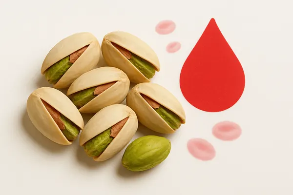 پسته در یک سمت تصویر و نماد کم خونی.