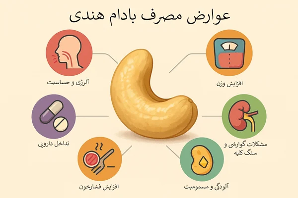 اینفوگرافیک عوارض مصرف بادام هندی.