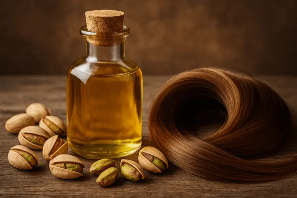 روغن پسته در کنار مو.