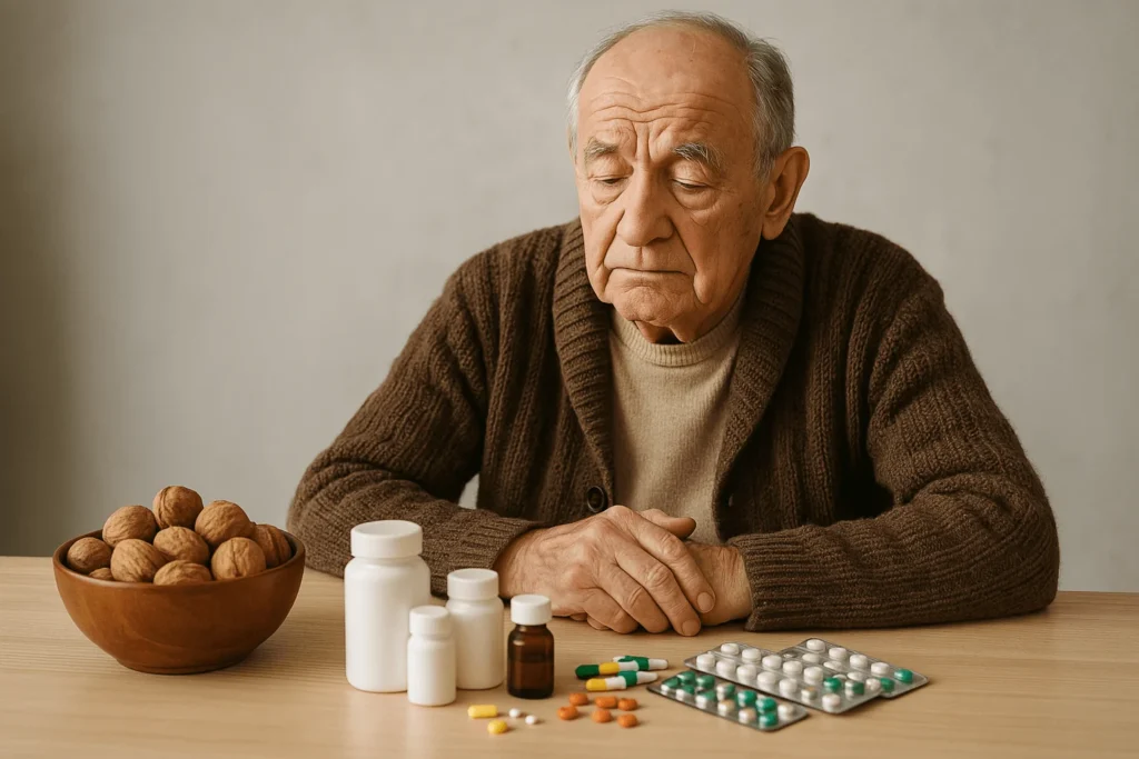 فرد سالمند در کنار دارو و گردو.