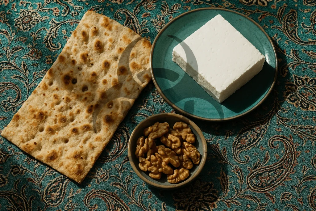 نان، پنیر و گردو با علامت هشدار.