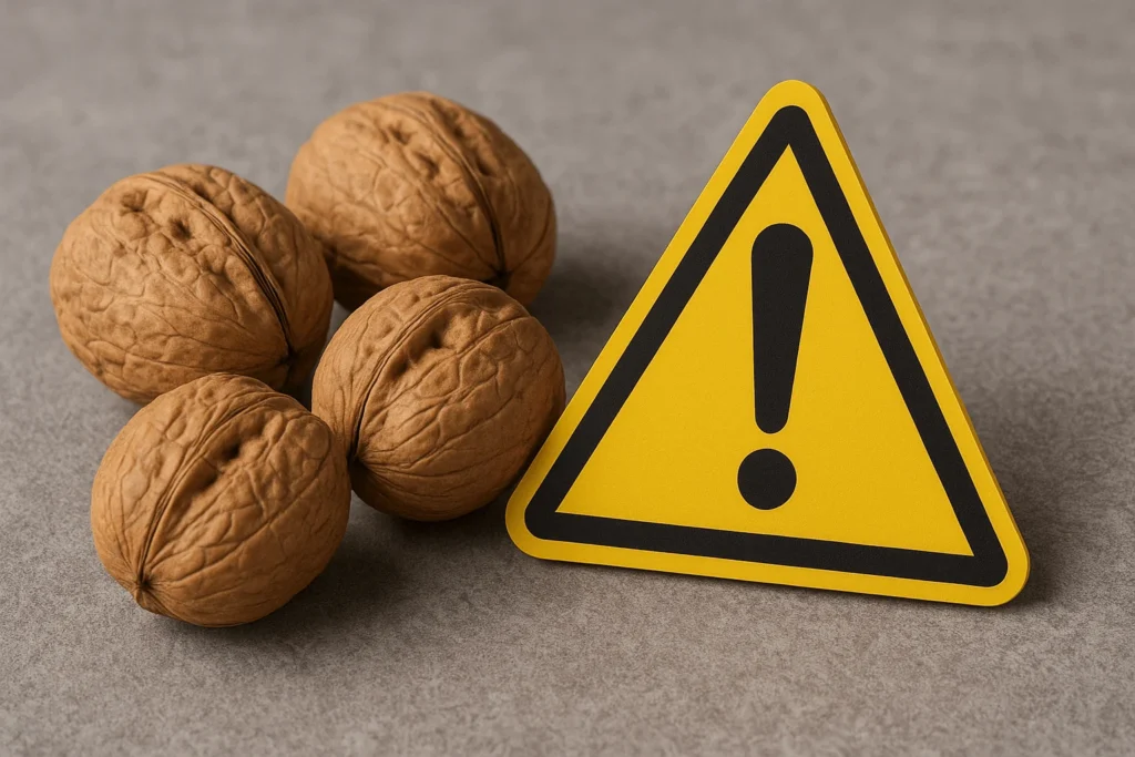 گردو در کنار علامت هشدار زرد رنگ