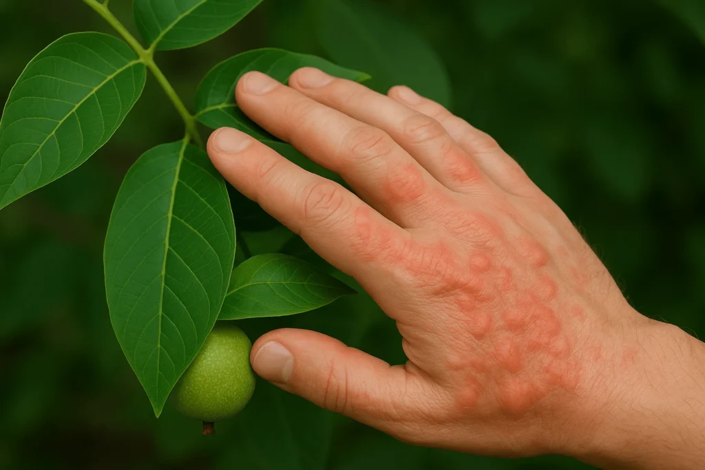 دست انسان با برخورد به برگ گردو حساسیت زده است.