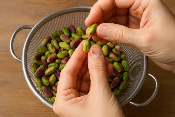 مرحله اول: خیساندن و پوست‌گیری پسته خشک