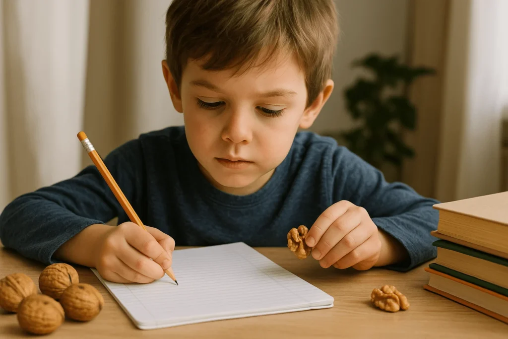 کودک در حال تمرکز بر روی درس و خوردن گردو.