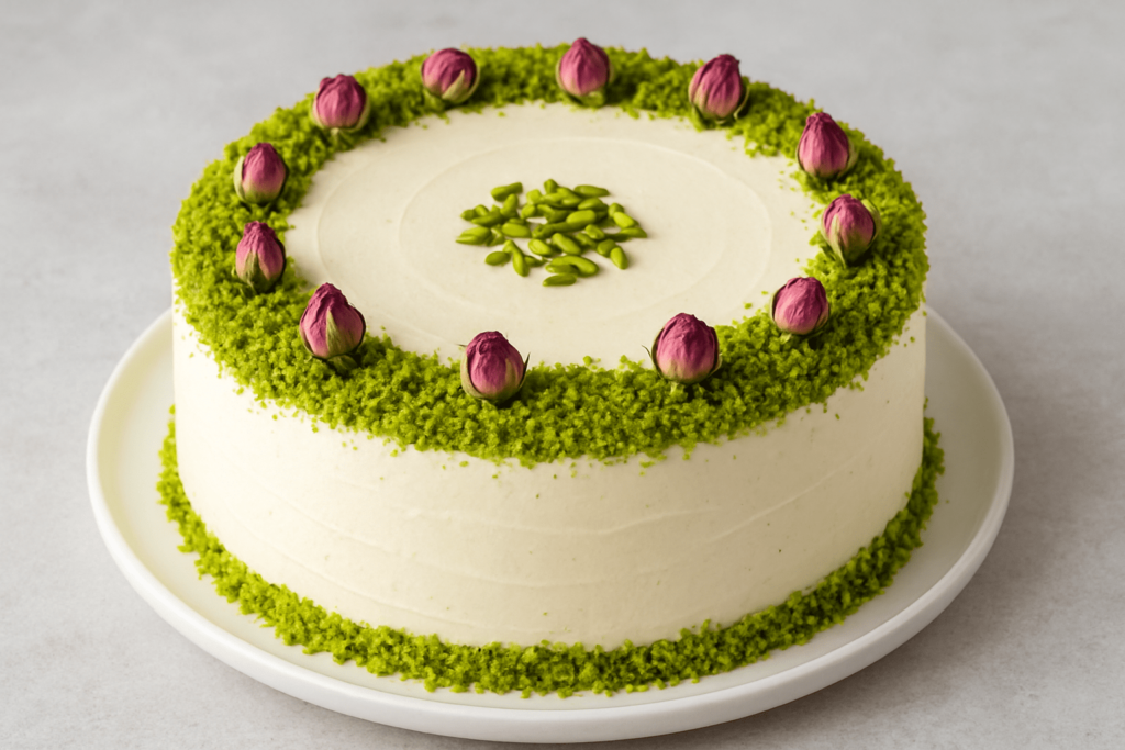 تزئین کیک پسته خامهای با پودر پسته و گل محمدی