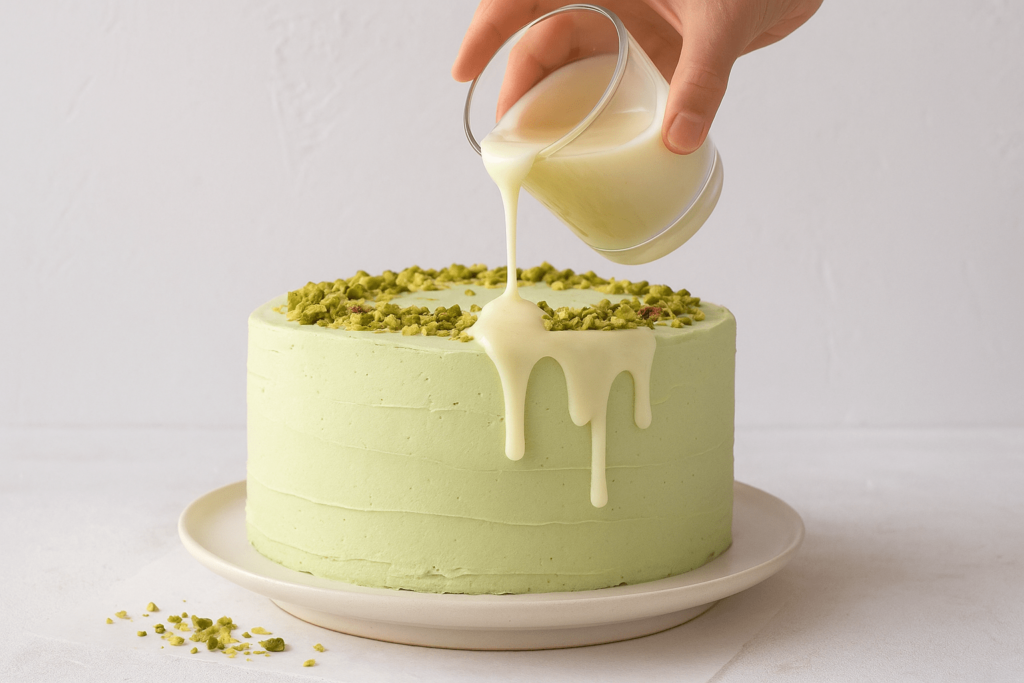 تزئین کیک پسته خامهای با گاناش