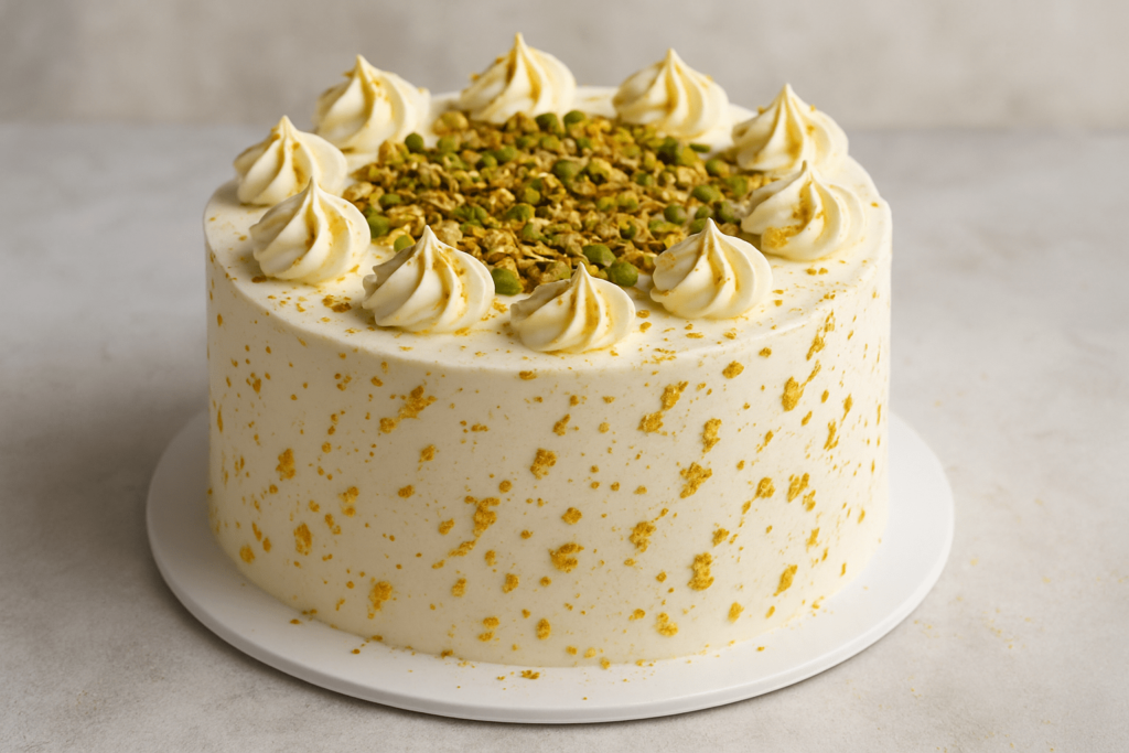 تزئین کیک پسته خامهای با طلا خوراکی