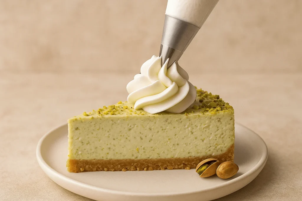 ایده تزئین چیز کیک پسته با شکوفه خامه