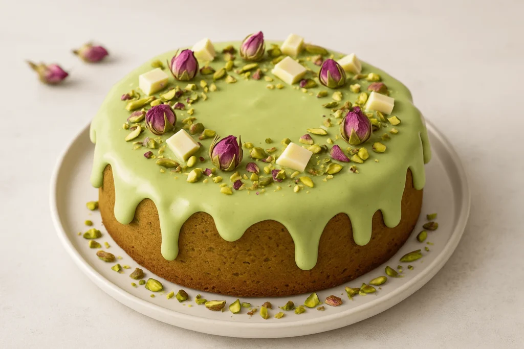 کیک پسته تزئین شده با سس پسته.