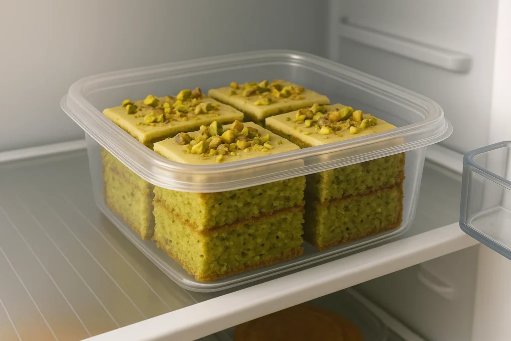 نگهداری از کیک پسته در داخل ظرف در بسته داخل یخچال.