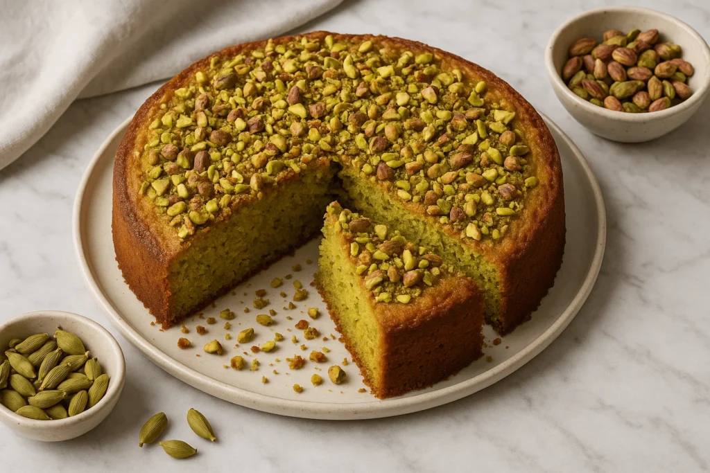 طرز تهیه کیک پسته و هل که با پسته تزئین شده.