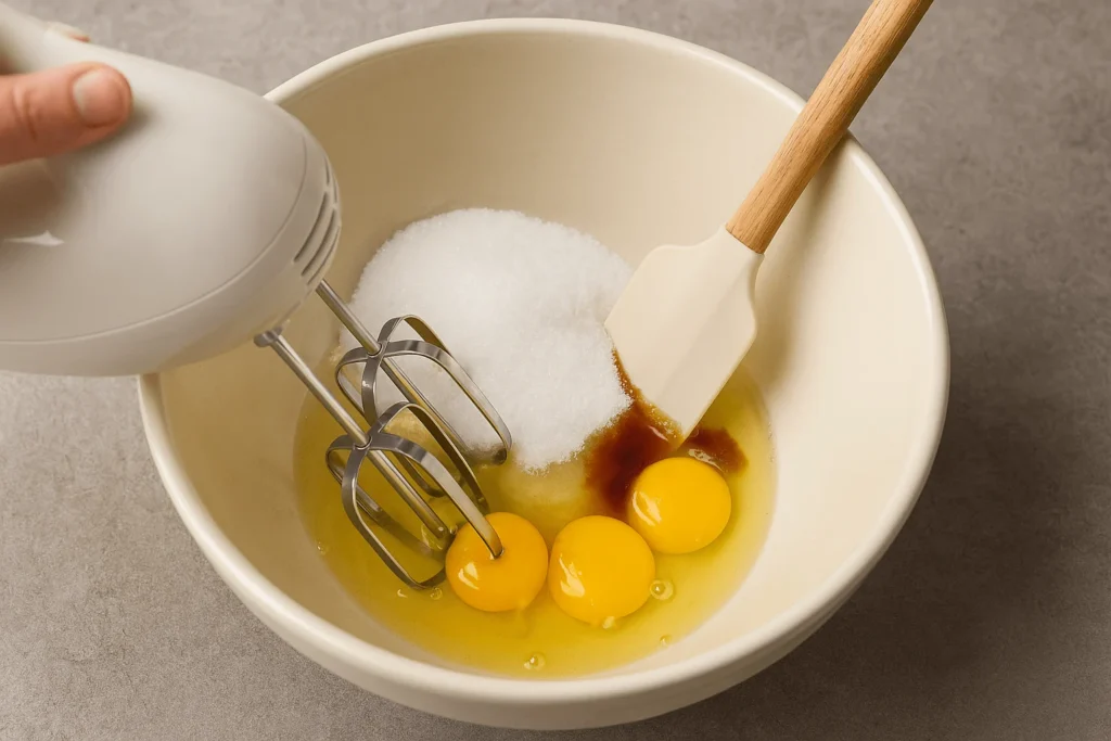 مرحله دوم: هم‌زدن تخم‌مرغ، شکر و وانیل
