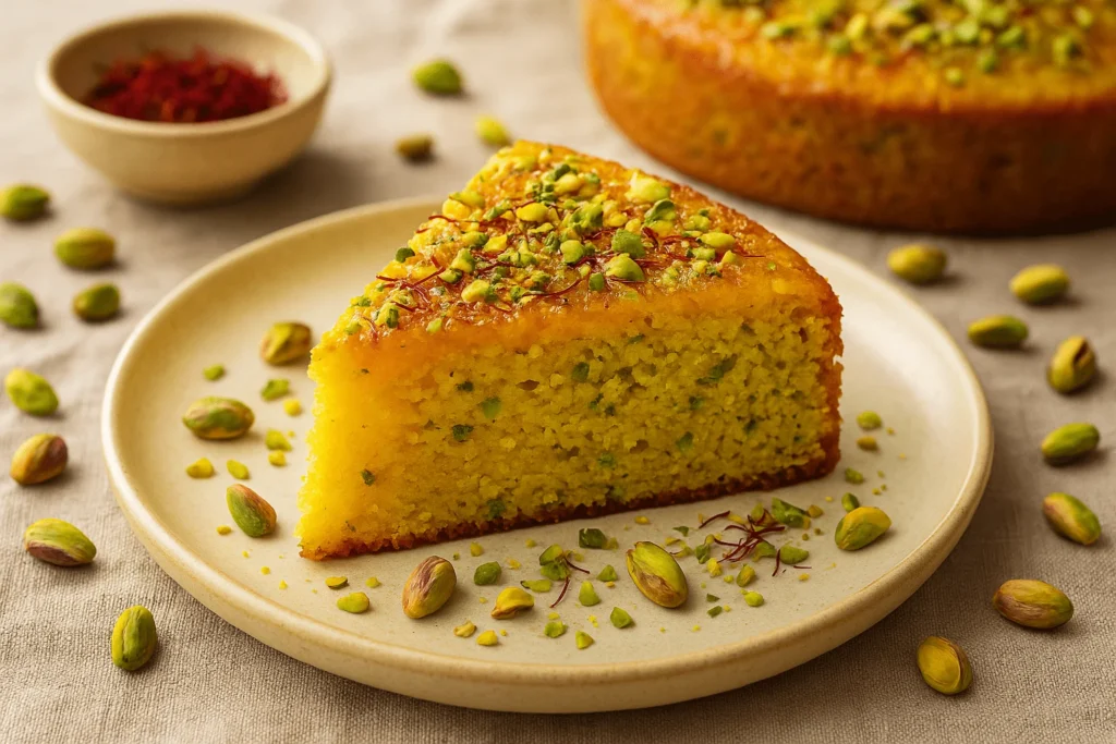 طرز تهیه کیک پسته و زعفران که با پسته تزئین شده.