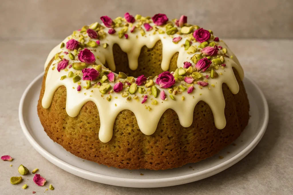 کیک پسته تزئین شده با سس شکلات سفید.