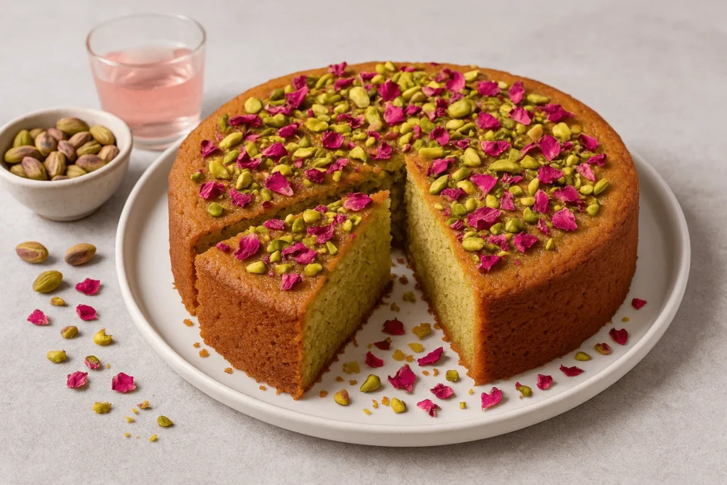 طرز تهیه کیک پسته با گلاب که با پسته و گل محمدی تزئین شده.