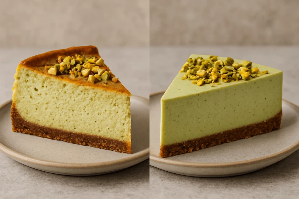 چیز کیک پسته یخچالی در سمت راست و چیز کیک پسته پختنی در سمت چپ