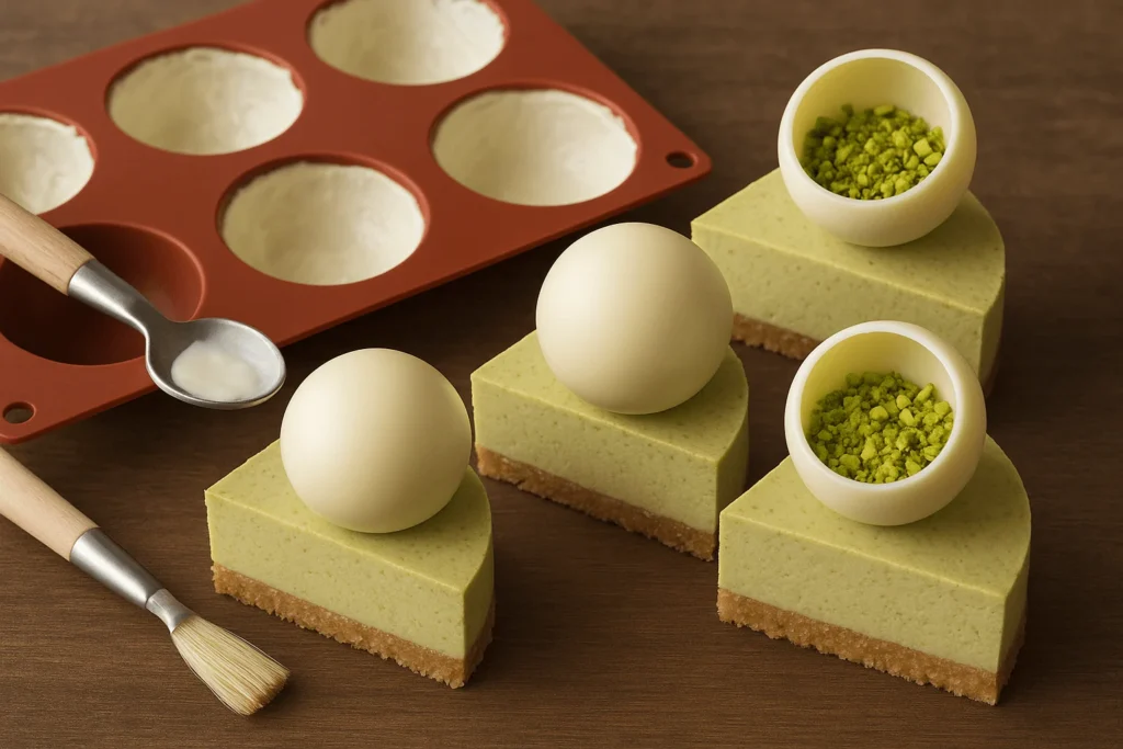 ایده تزئین چیز کیک پسته با توپک شکلات پسته