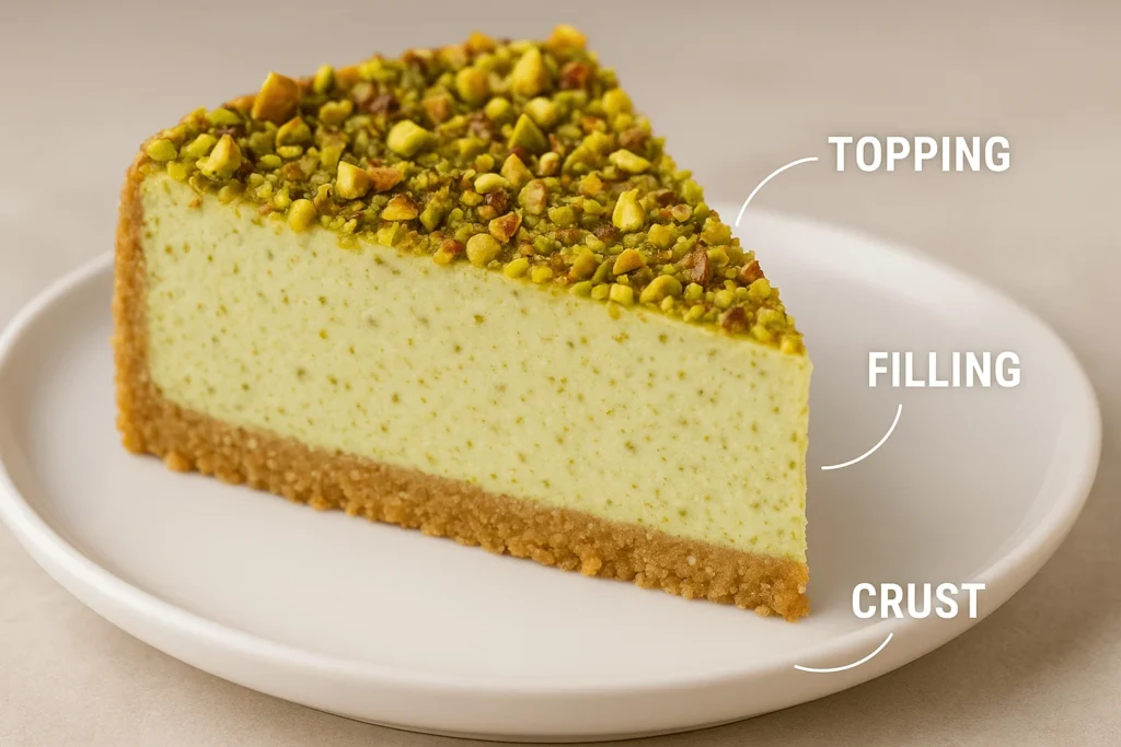 بخشهای مختلف چیز کیک پسته: تاپینگ، فیلینگ، کراست
