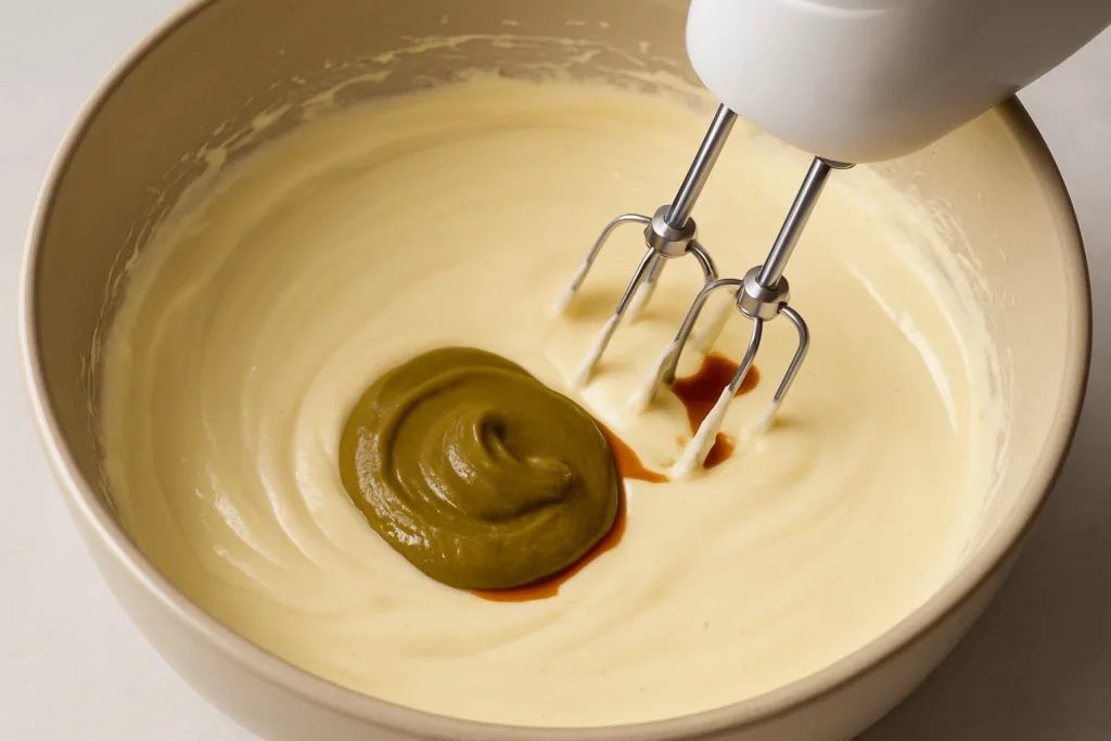 ترکیب پنیر خامهای+ شکر+ وانیل+ کره پسته+ نشاسته ذرت+ تخم مرغ