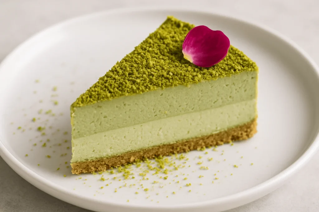 ایده تزئین چیز کیک پسته با پودر پسته و گل