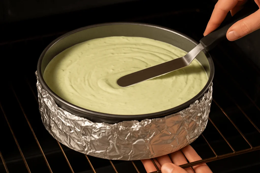 در حال قرار دان چیز کیک پسته پختنی در فر