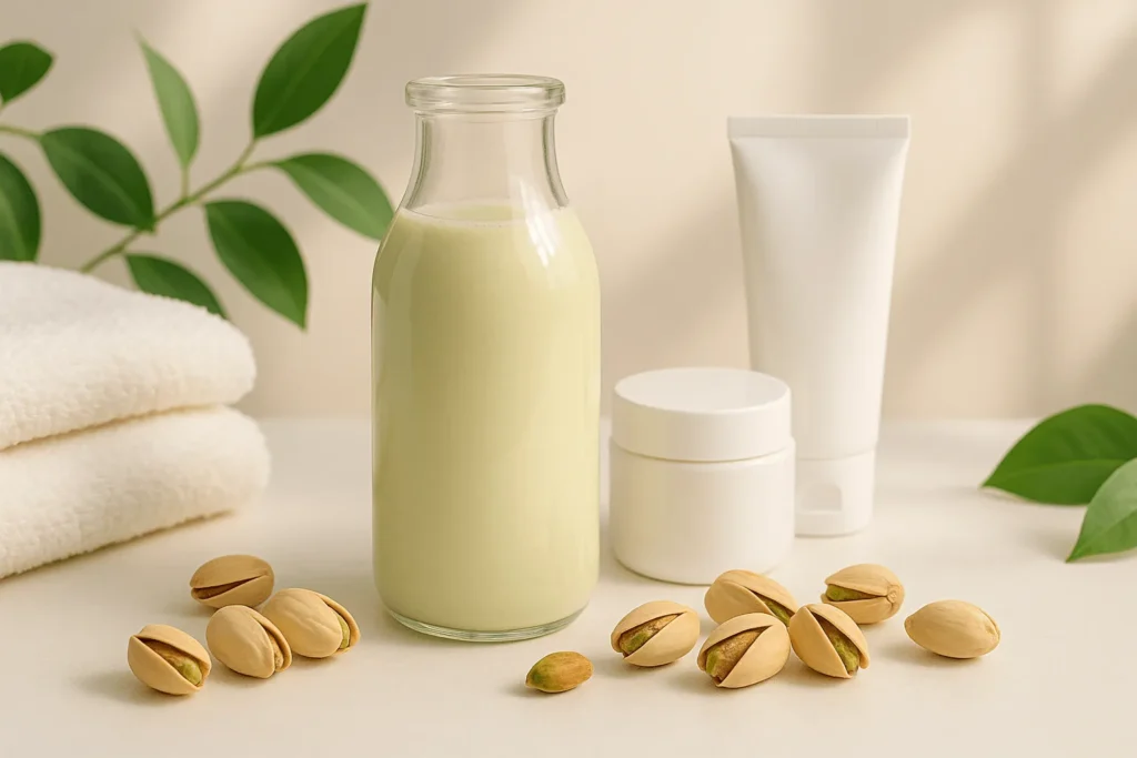 شیر پسته در کنار محصولات مراقبتی پوست و مو