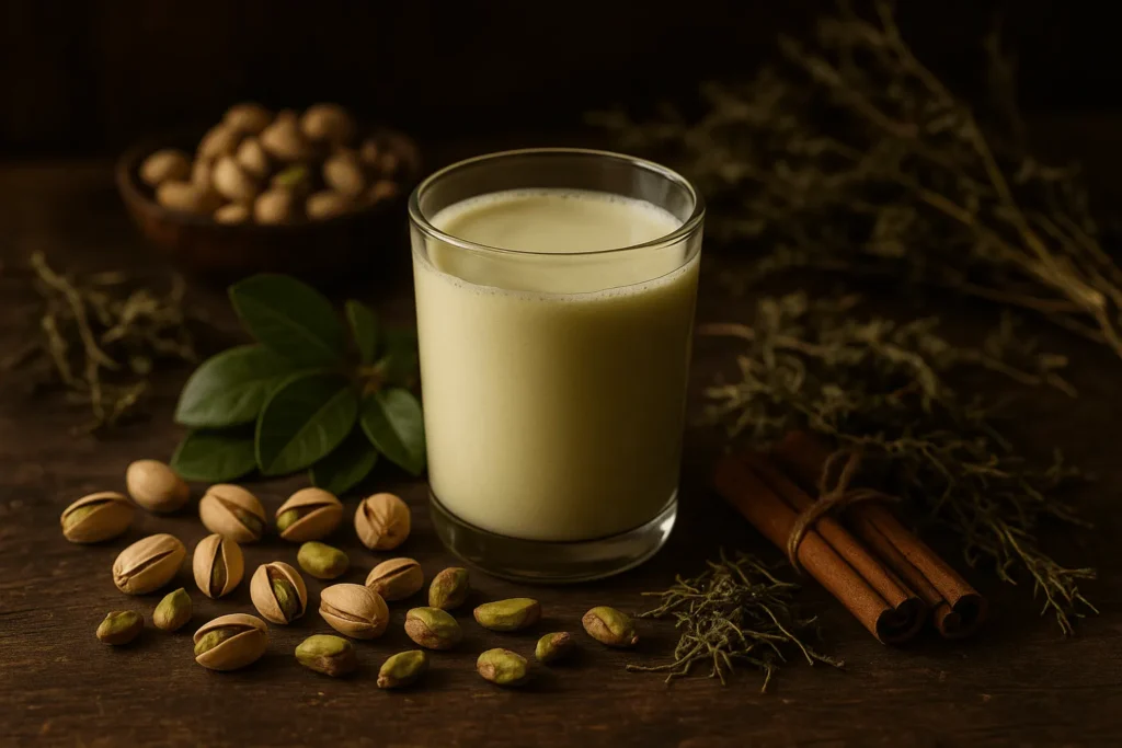 یک لیوان شیر پسته در کنار پسته و گیاهان دارویی.