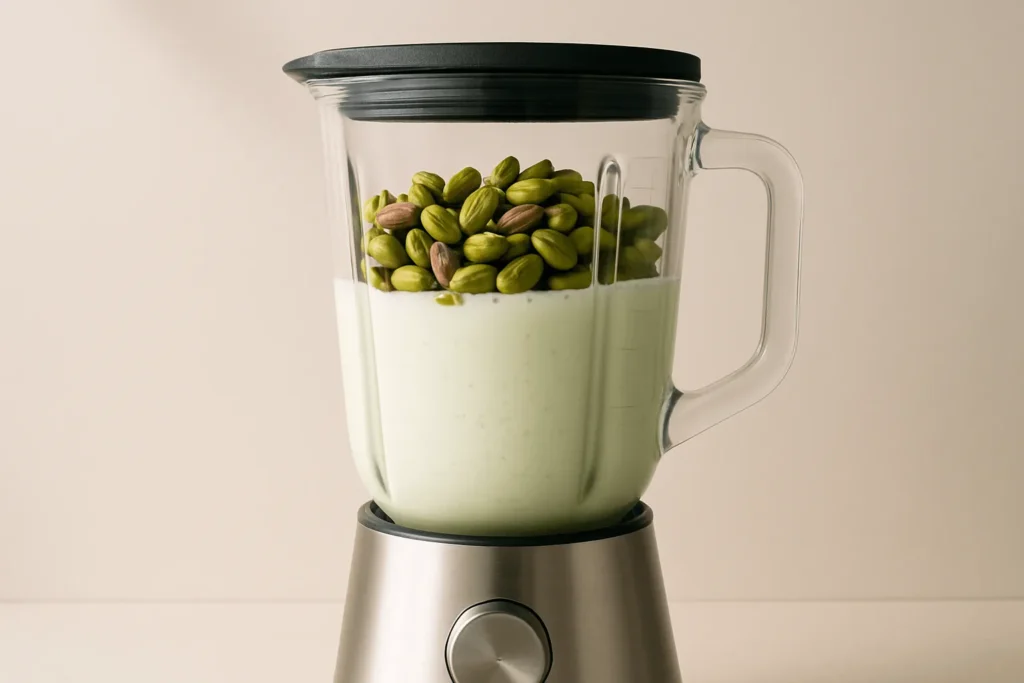 پسته و شیر داخل مخلوط کن