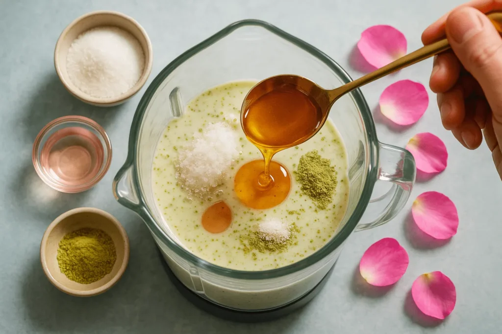 اضافه کردن عسل و هل به مخلوط شیر و پسته