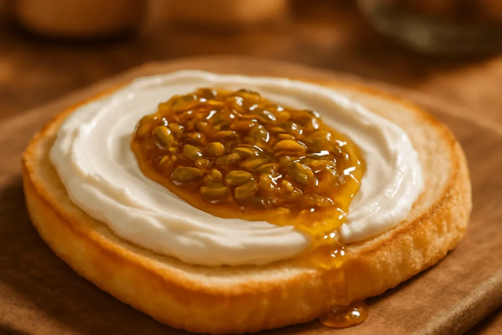 نان تست، پنیر خامه‌ای و مربای پوست پسته