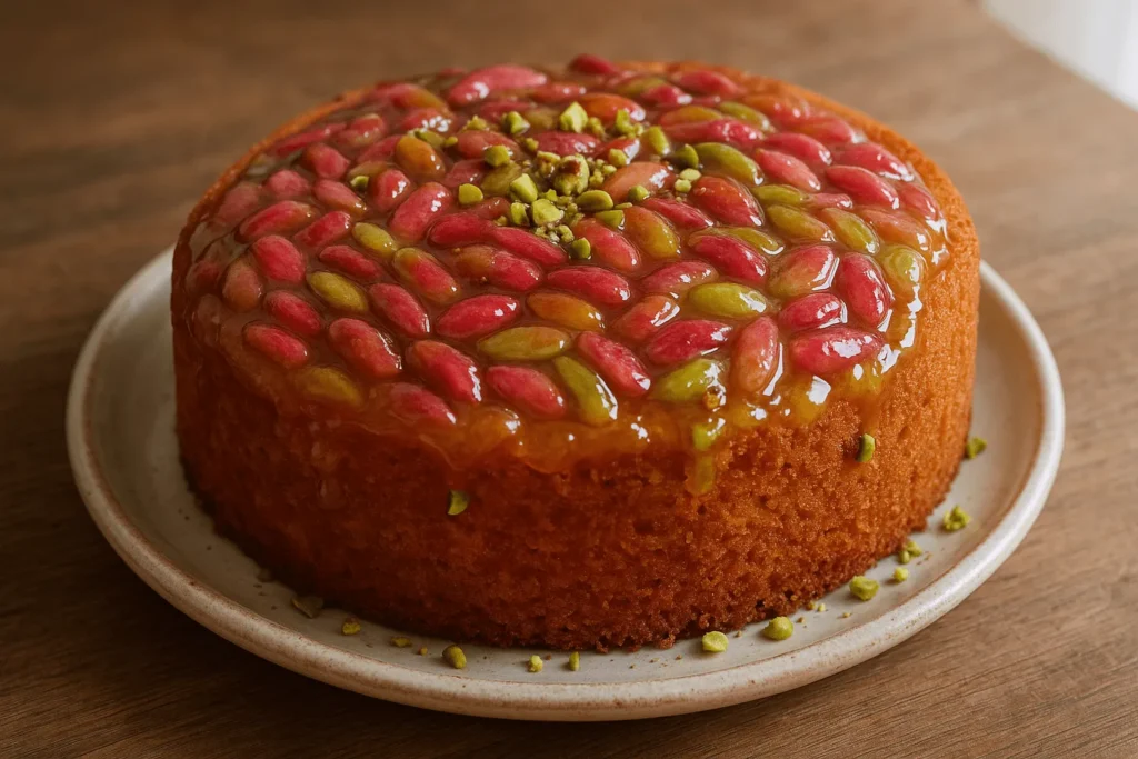 کیک با تزئین مربای پوست پسته تازه