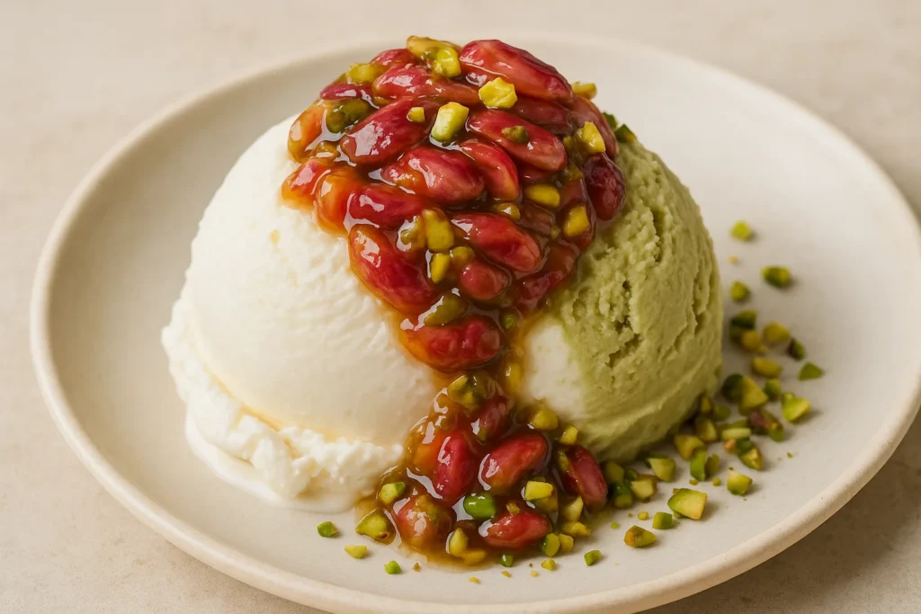 بستنی با مربای پوست پسته