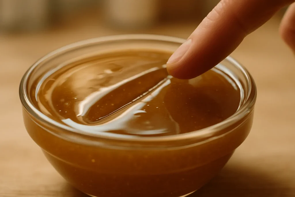 فرذی با انگشت بر روی شربت می‌کشد برای انجام تست قوام.