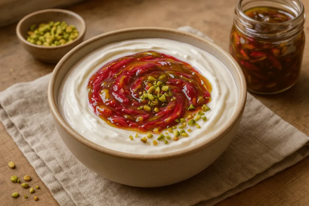 ماست یونانی و مربای پوست پسته